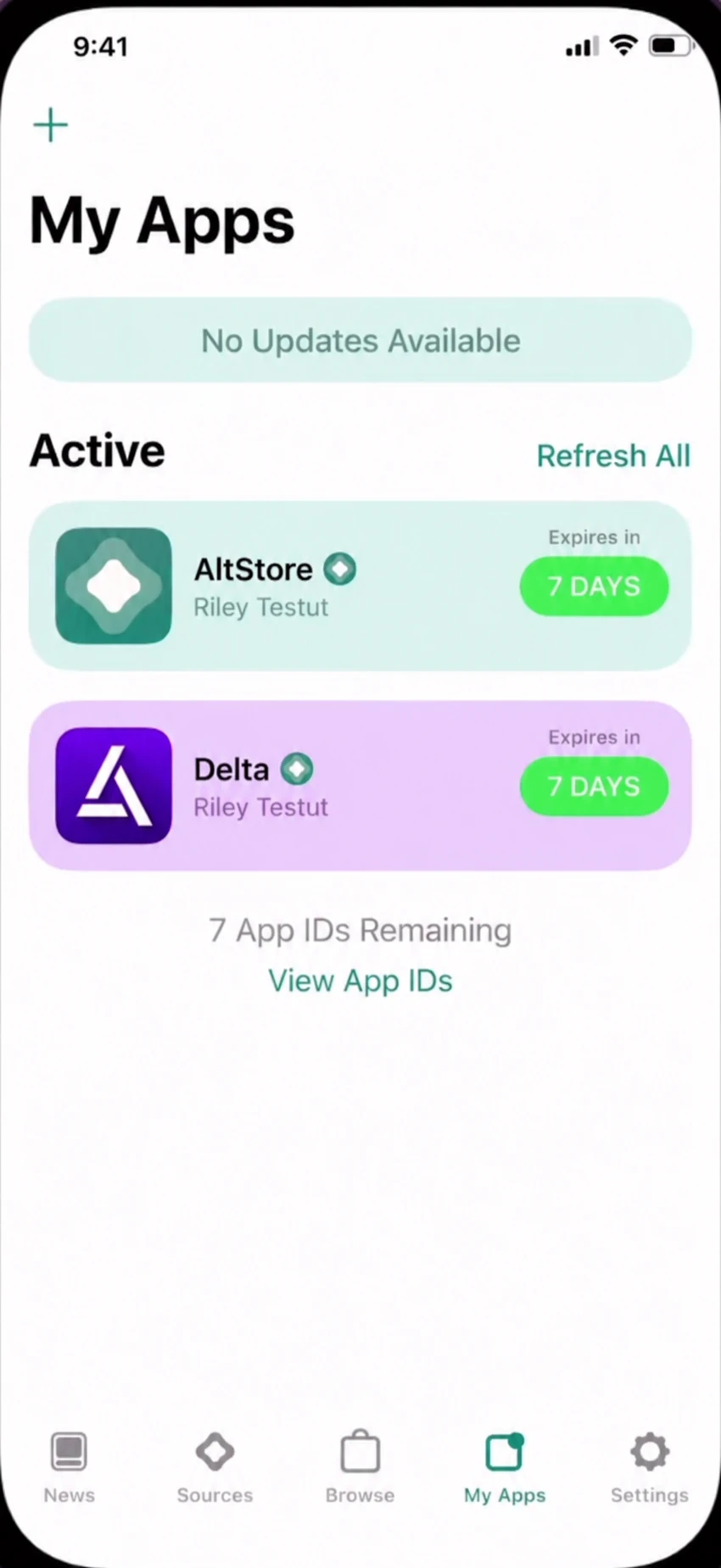 AltStore My Apps screen with the plus icon at the top left