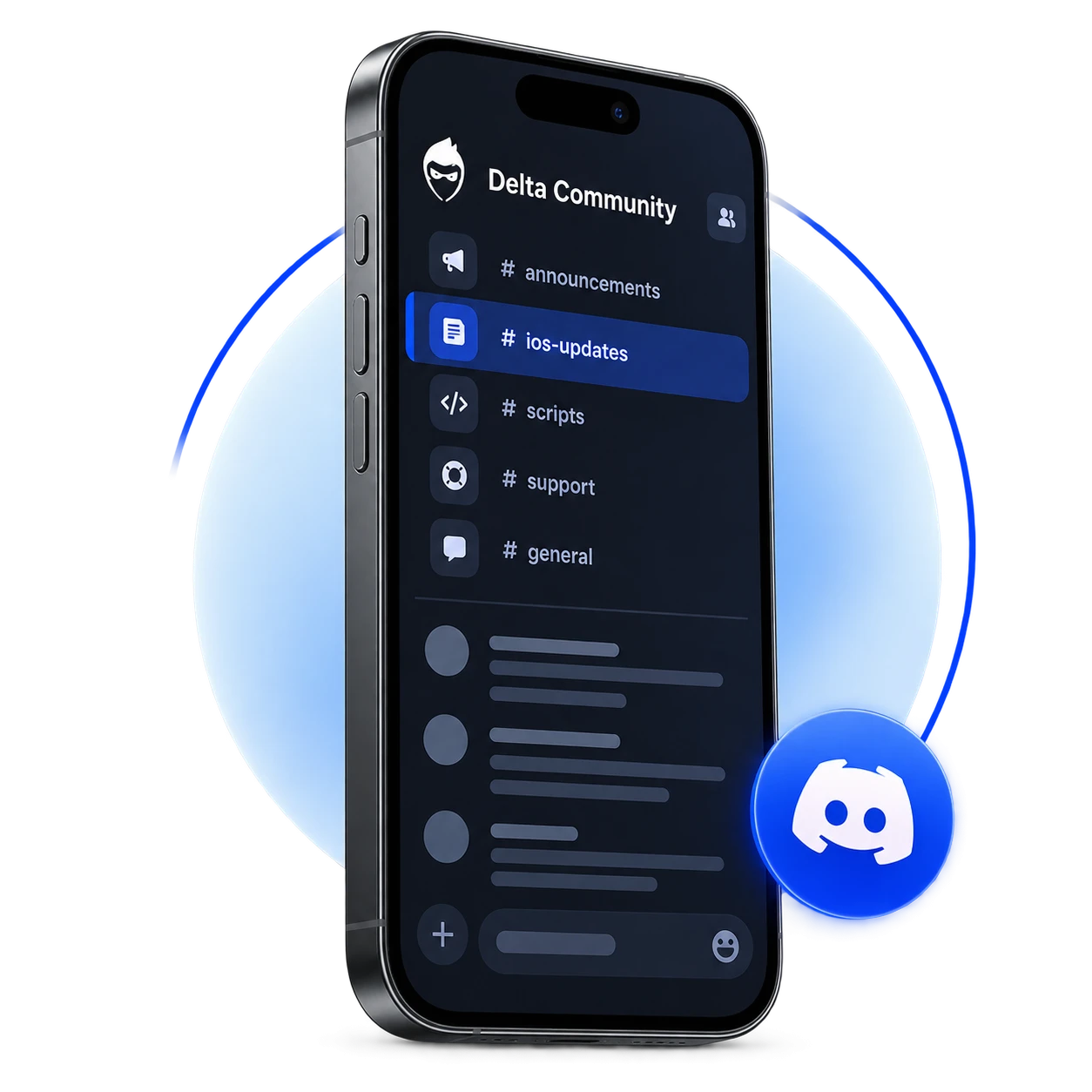 Illustration of Delta community channels for announcements, iOS updates, scripts and support