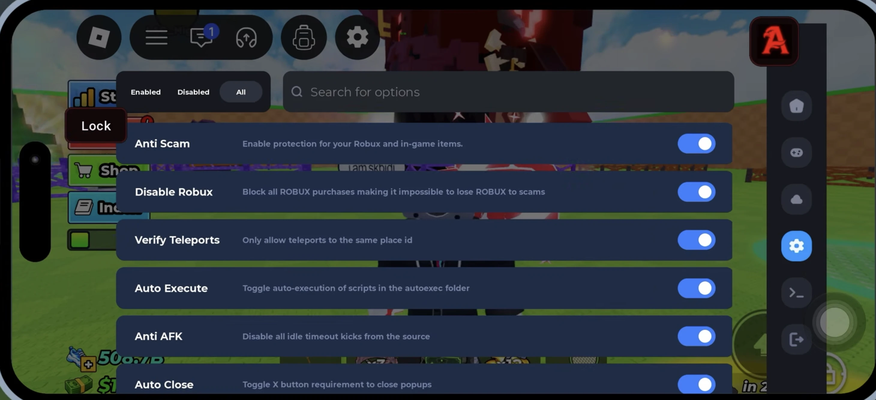 Roblox gameplay with Delta Executor interface