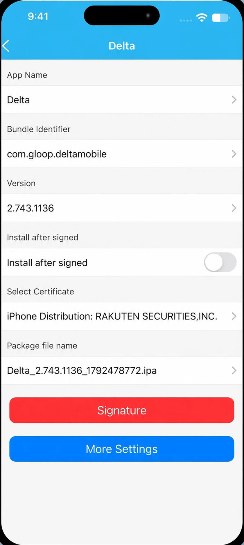 Delta signing details and Signature button