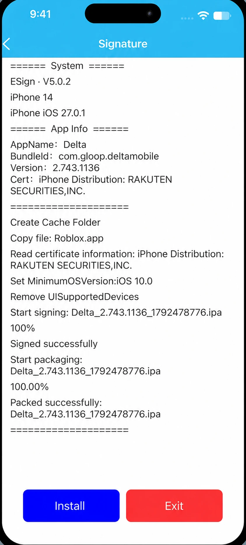 Successful Delta signing with the Install button