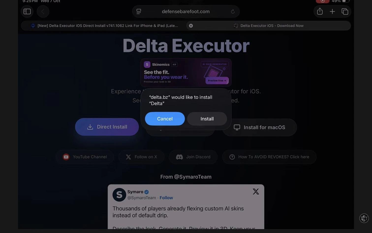 iPad confirmation dialog with the Install button
