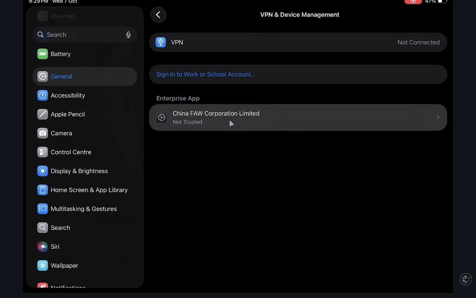 Enterprise App developer profile in Device Management