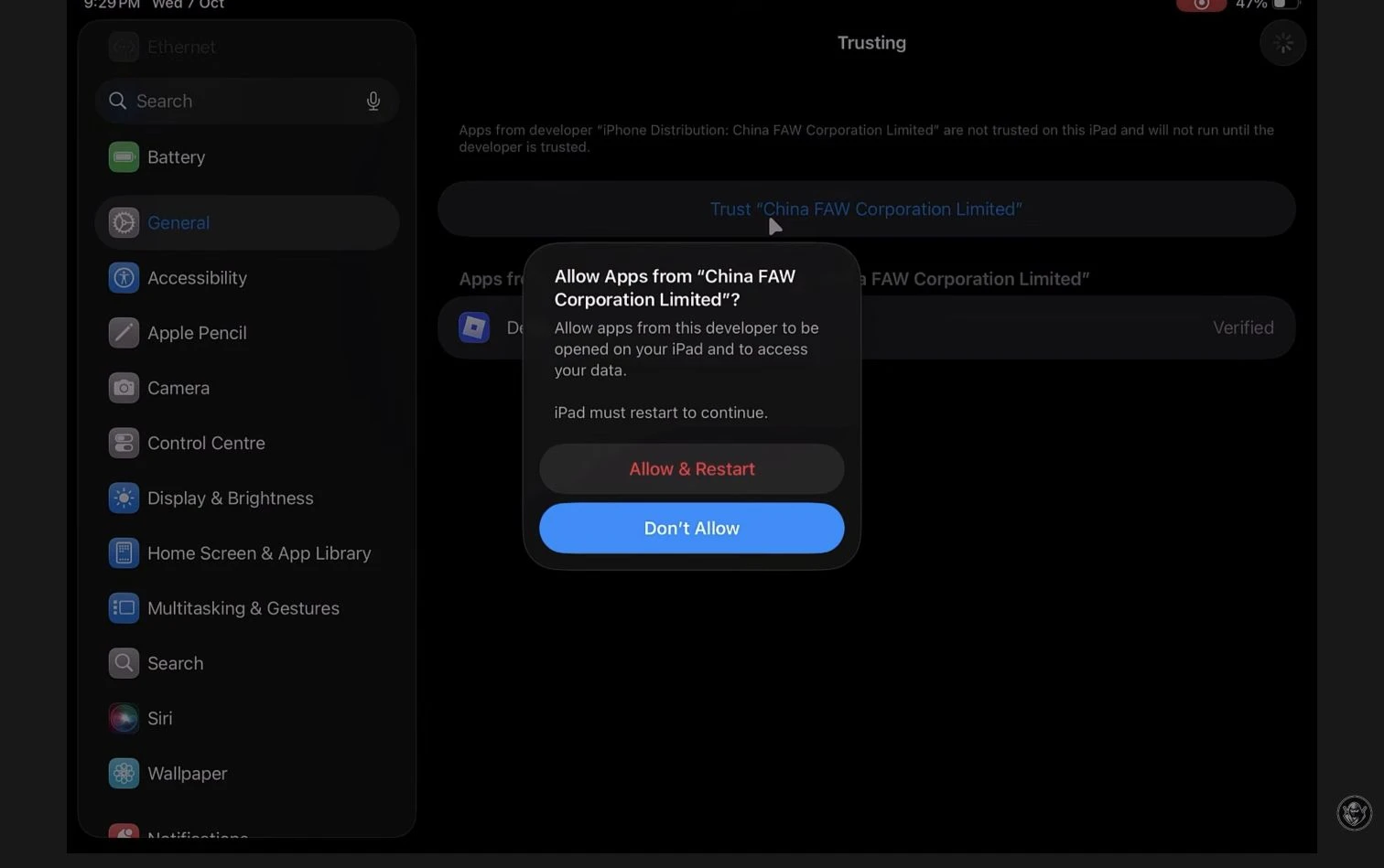 Trust confirmation with Allow & Restart