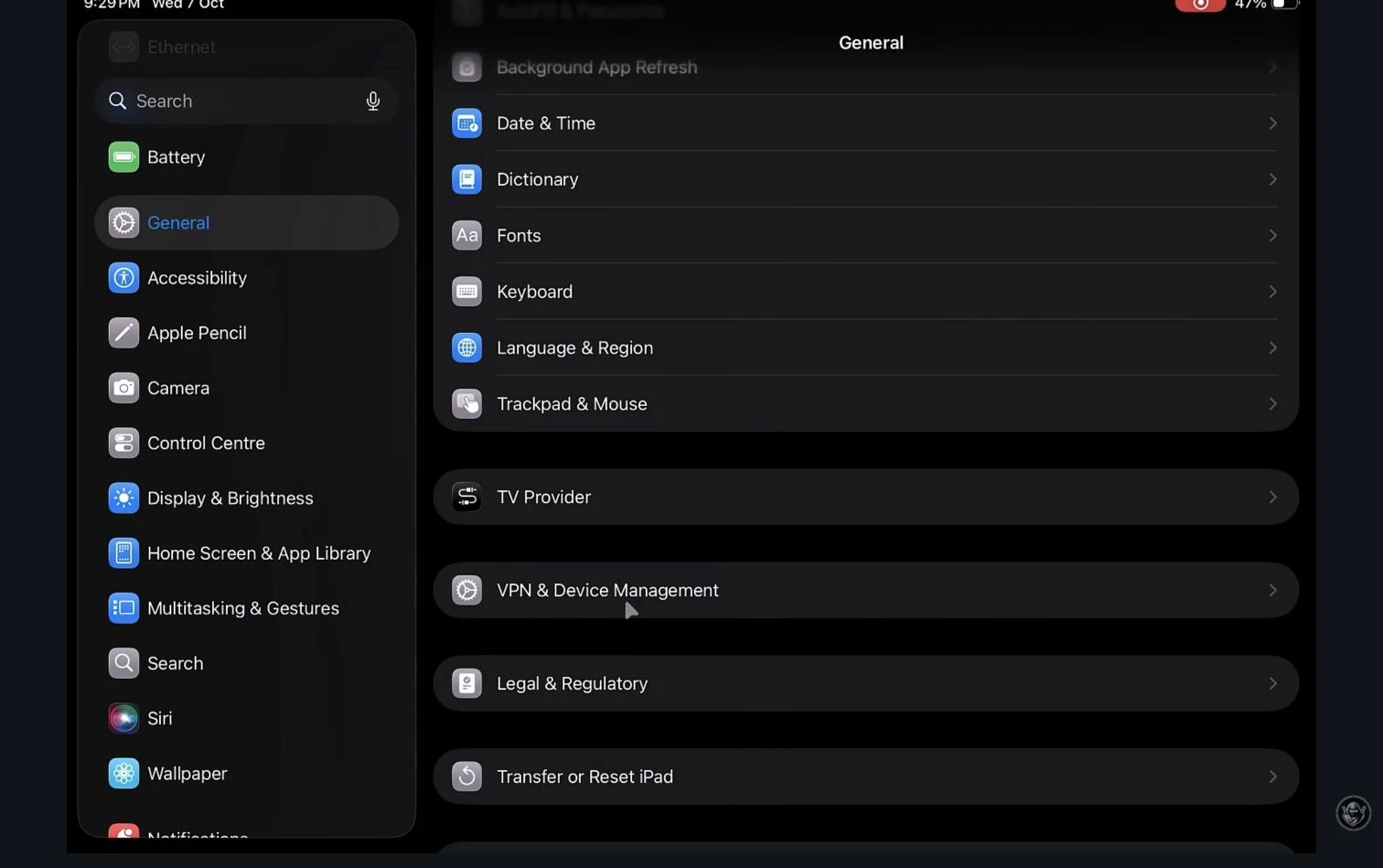 General settings with VPN & Device Management