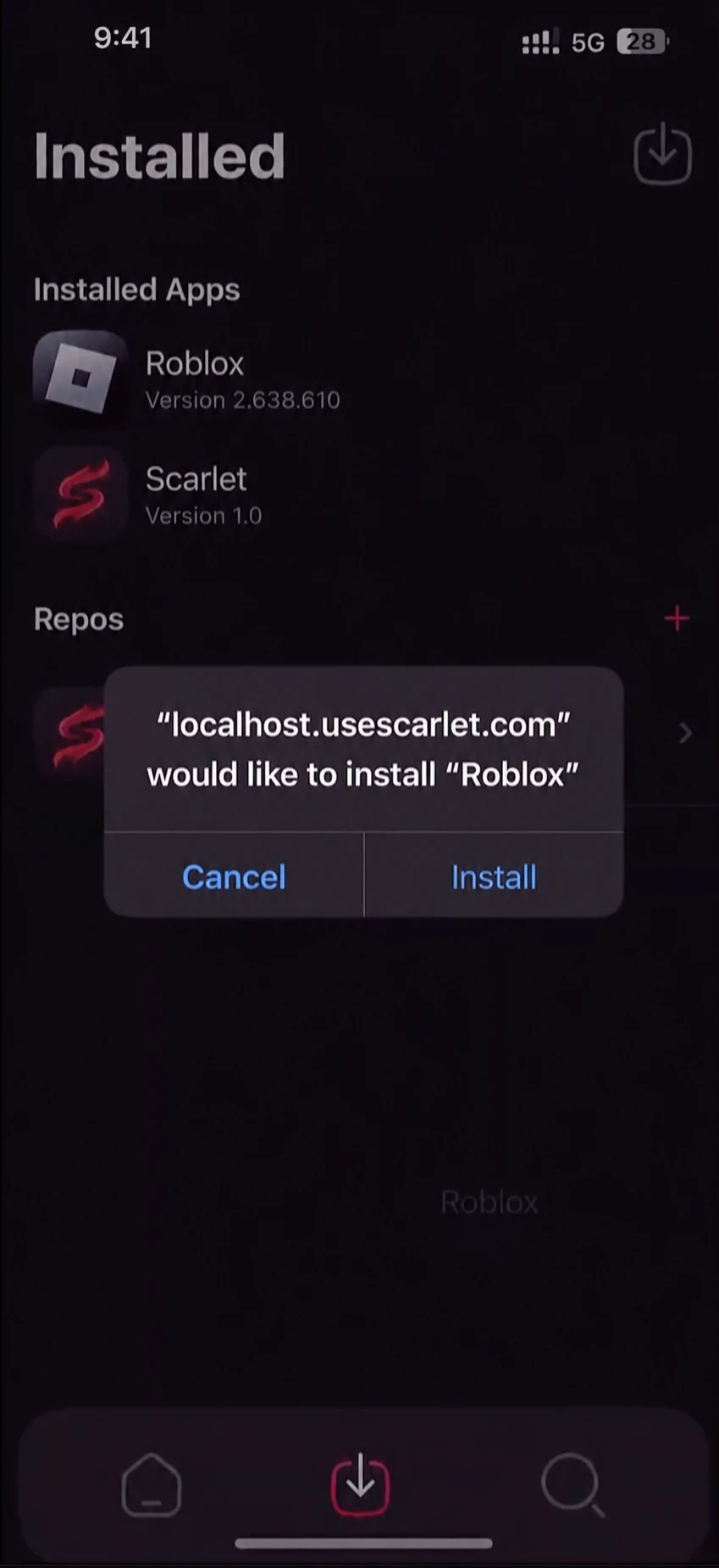 Scarlet iOS confirmation dialog with the Install button