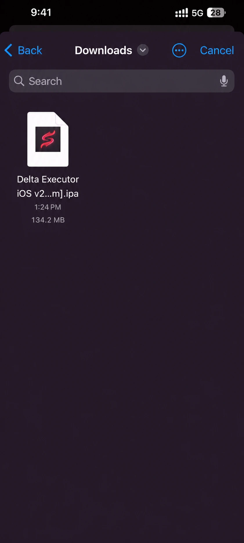 Delta Executor IPA in the Scarlet Downloads file picker