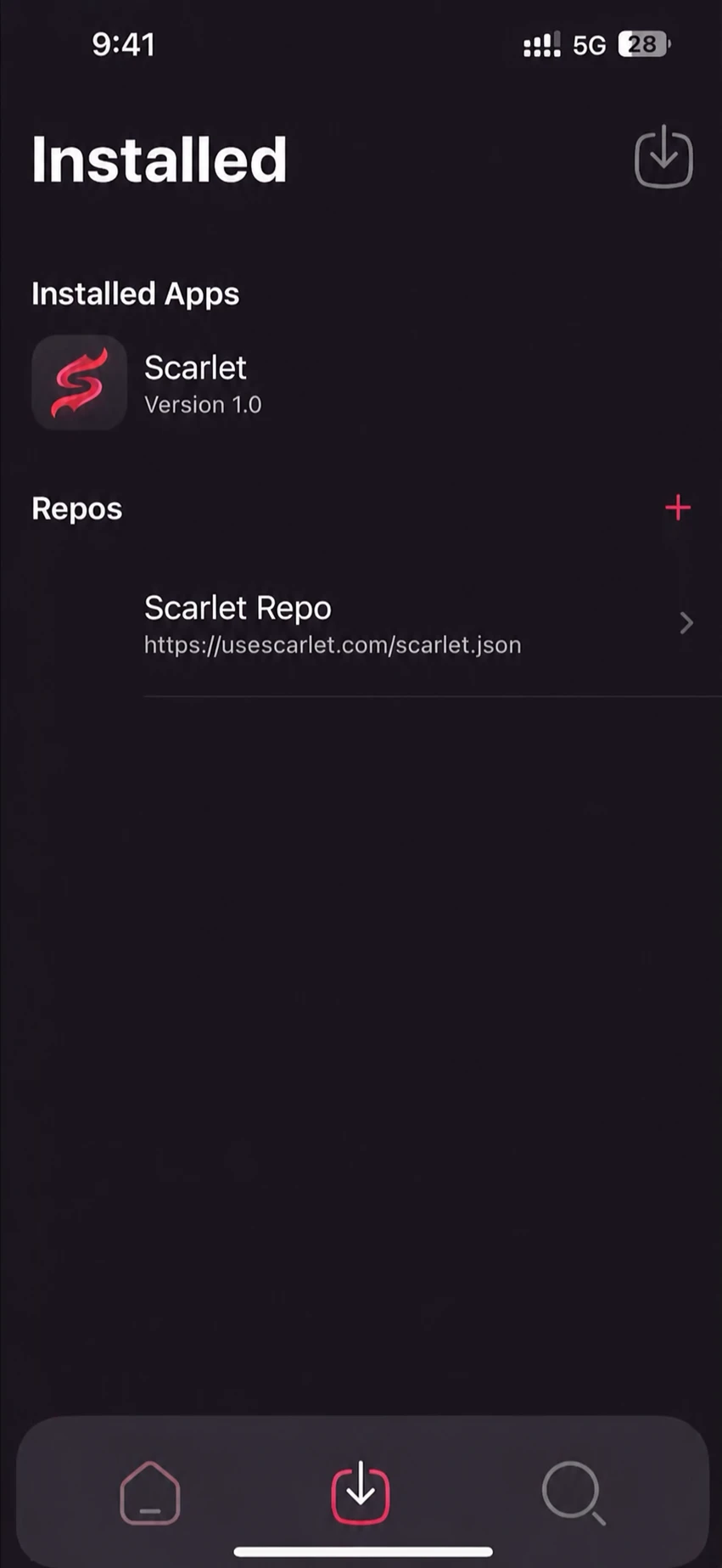 Scarlet Installed screen with the import icon at the top right